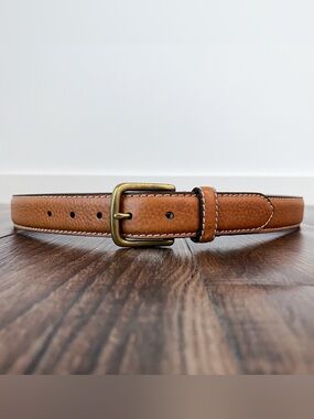 Lucky Brand Pebbled Leather Belt Solid Brass Buckle Preppy Classic Size 42 Tan